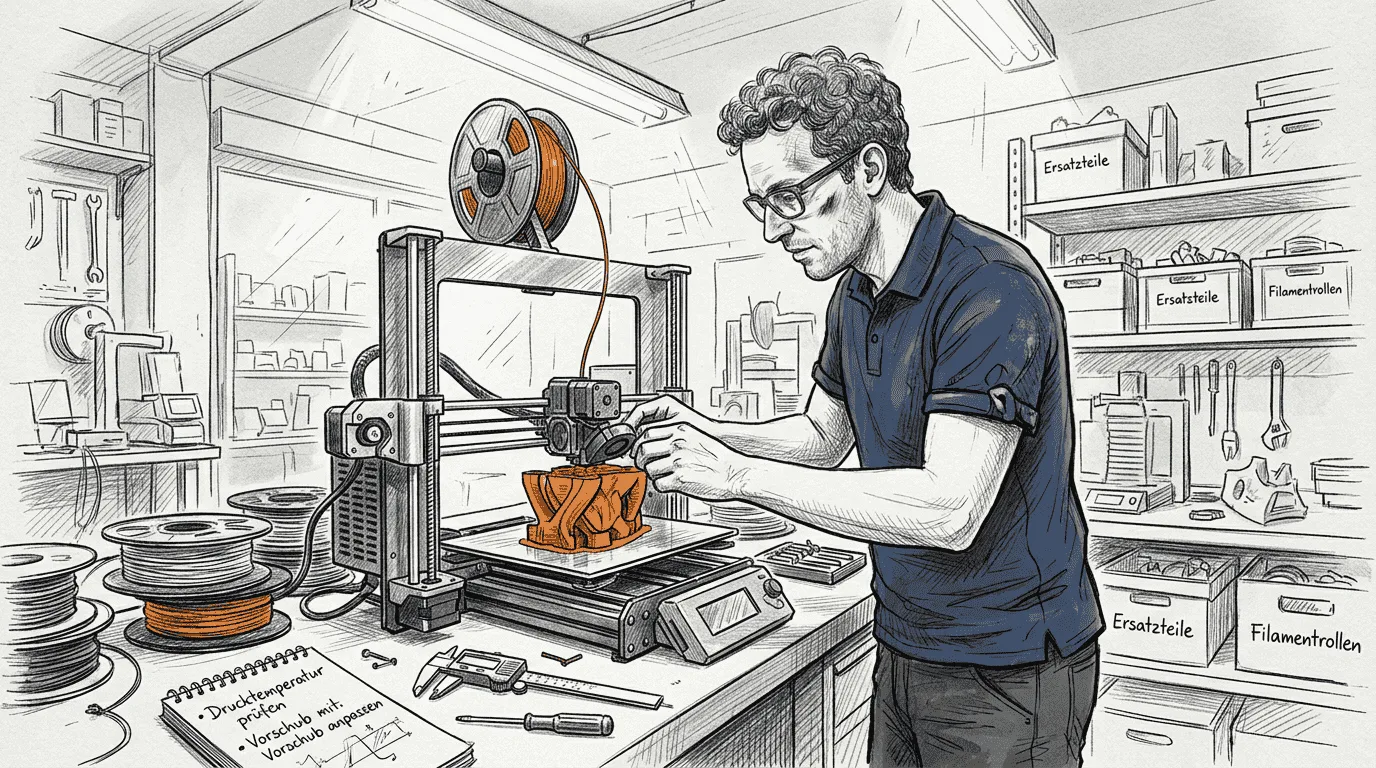 Ein Techniker überprüft den 3D-Druck sorgfältig auf mögliche Fehler.