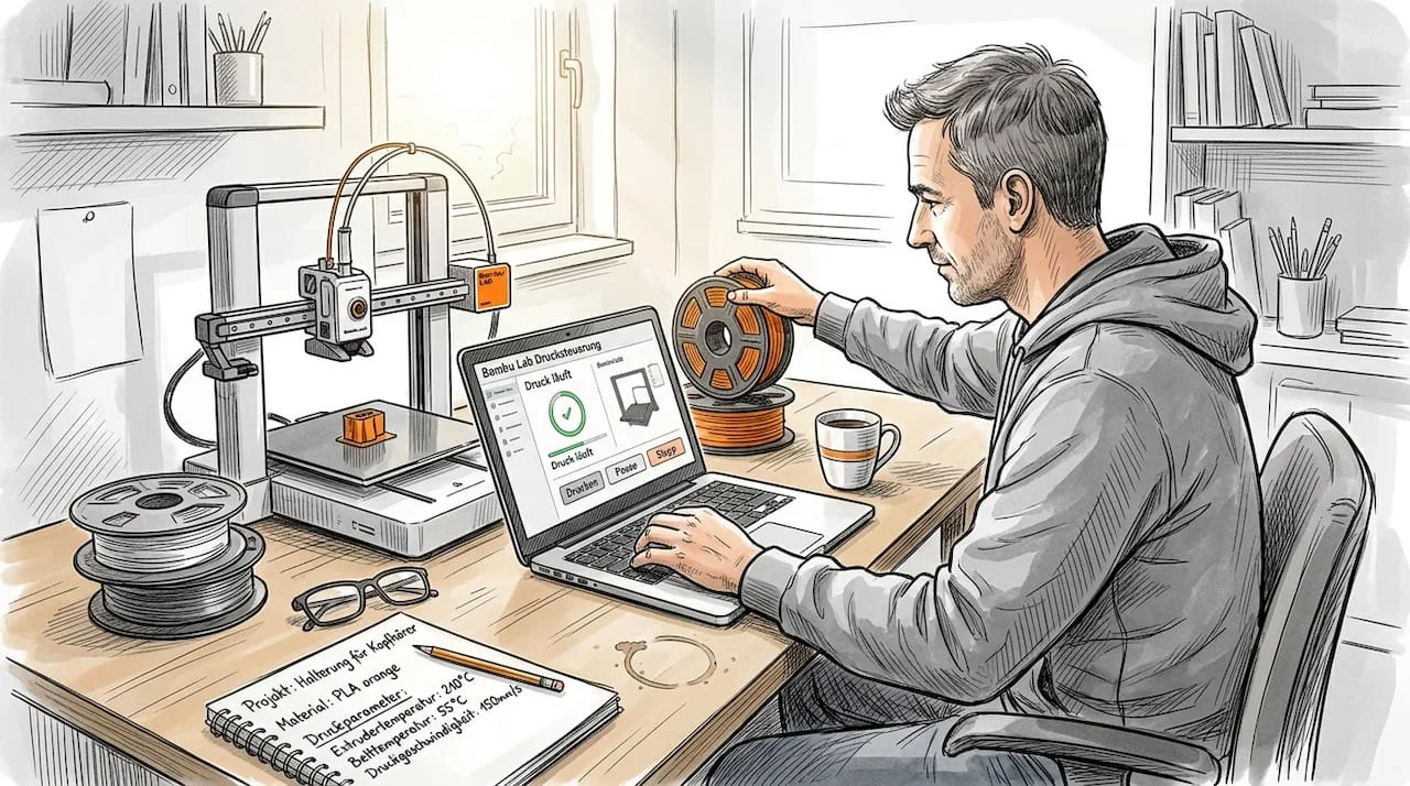 Ein Mann bedient seinen 3D-Drucker am heimischen Schreibtisch.