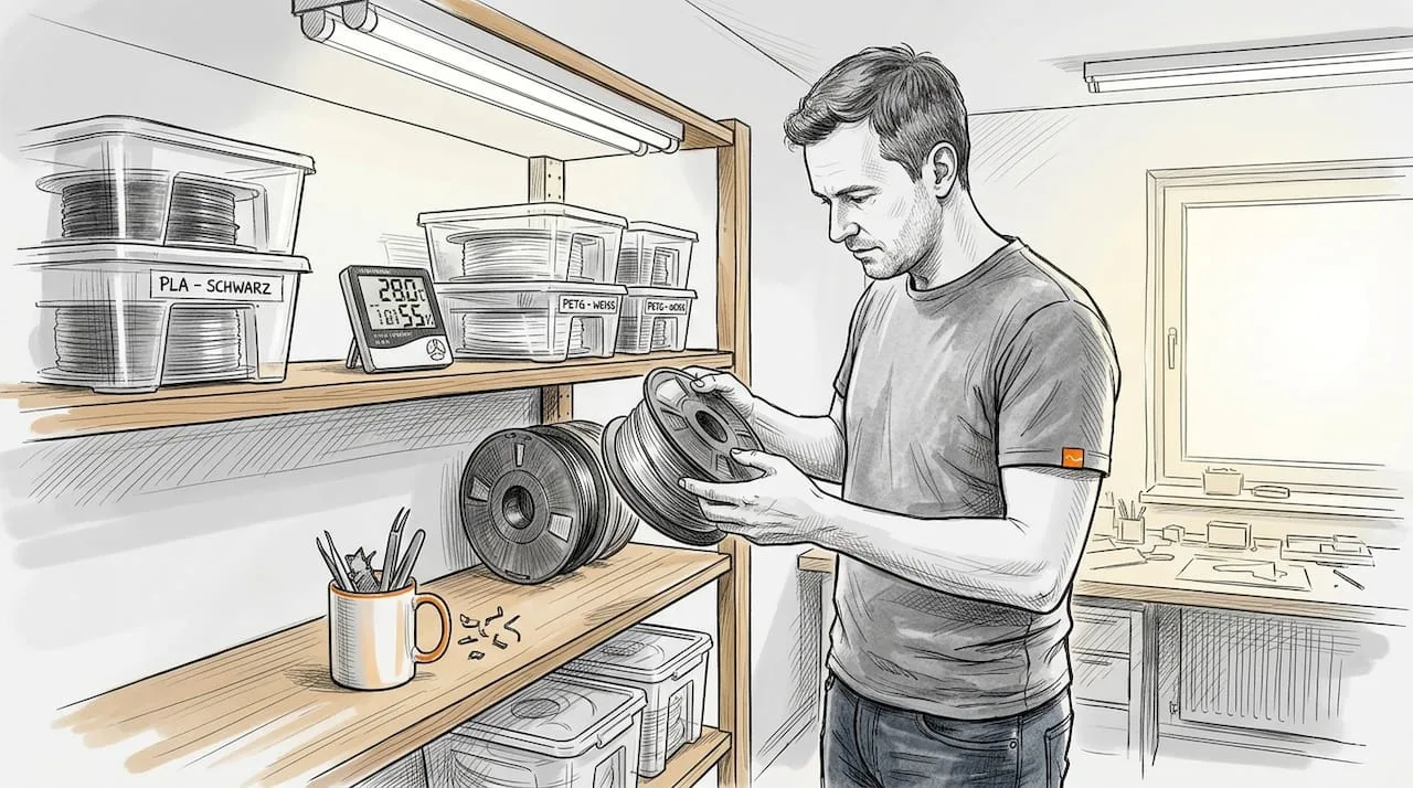 Ein Mann überprüft das Filament an seinem heimischen Arbeitsplatz.
