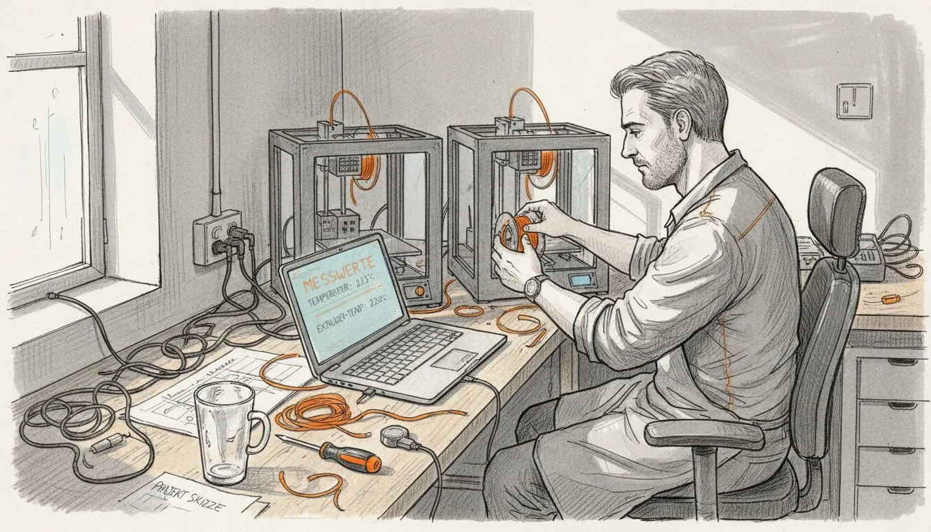 Ein Ingenieur kontrolliert die Filamentspule am 3D-Drucker.