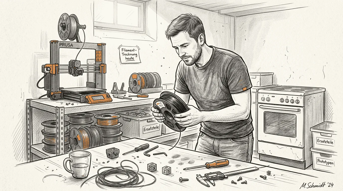 Ein Techniker überprüft das Filament im Arbeitsraum im Keller.