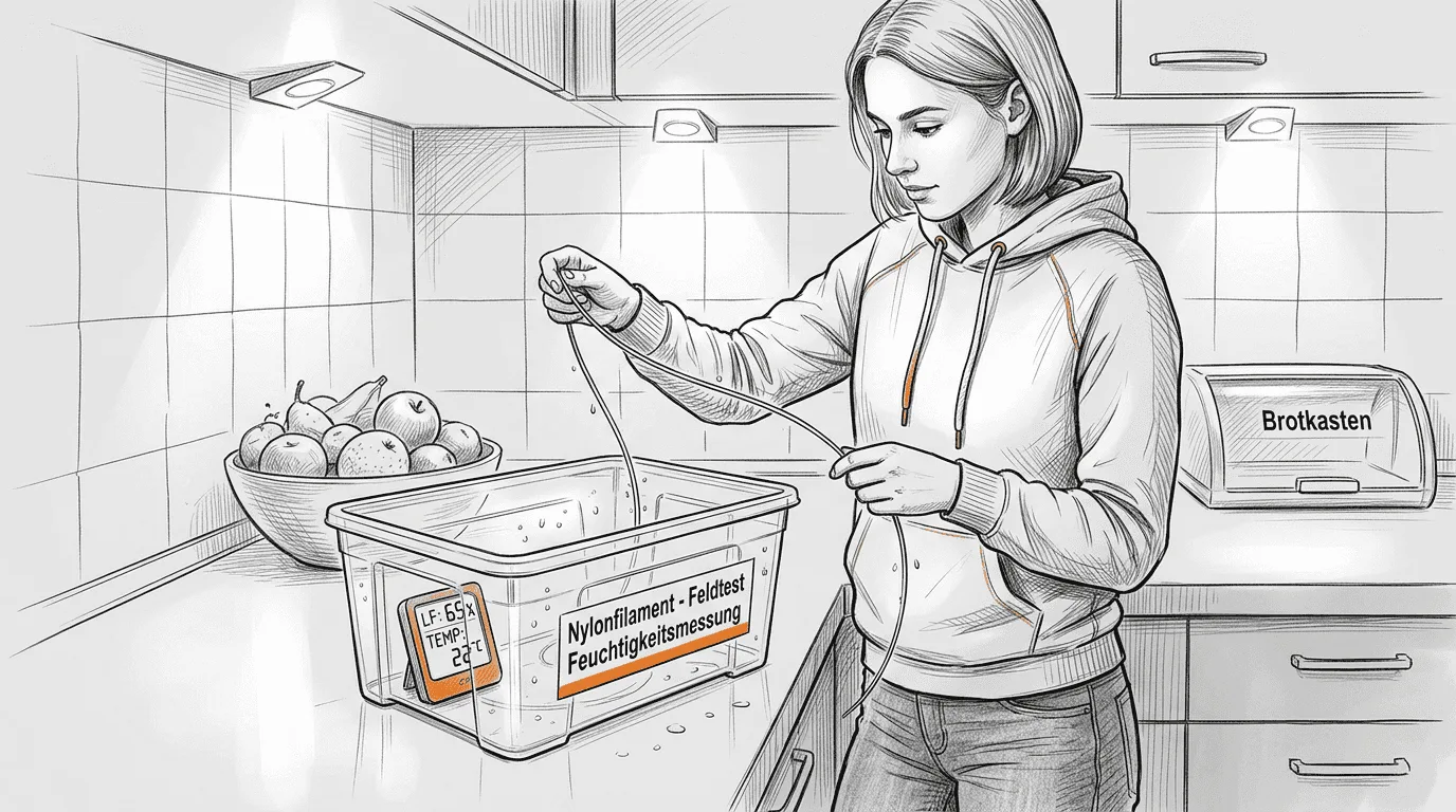 Eine Frau prüft am Küchentresen, ob das Filament noch trocken ist.