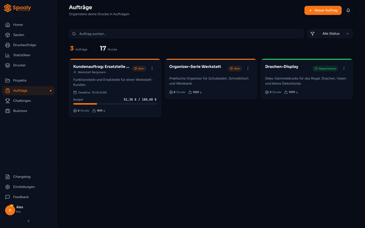 Auftrags-Karte mit Kunde Werkstatt Bergmann, Deadline und Budget-Balken
