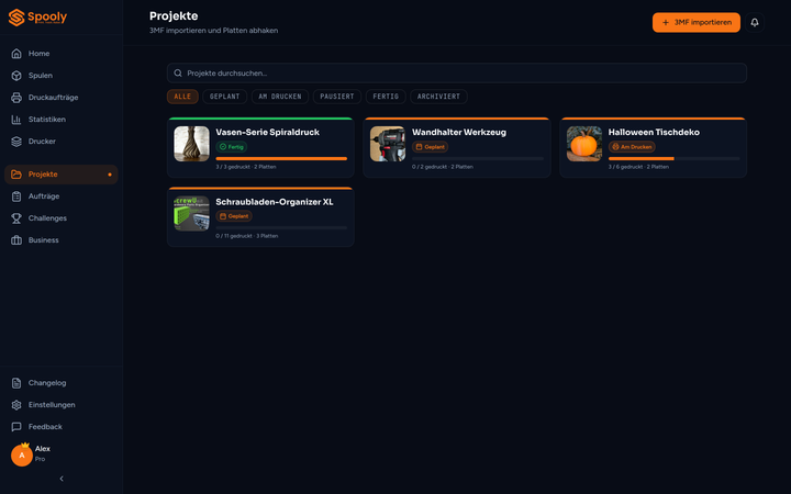 Projekte-Planner mit Status-Pills, Fortschrittsbalken und Platten-Zähler