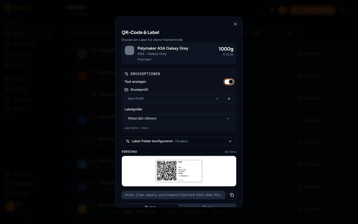QR-Label-Vorschau mit echtem QR-Code im Druck-Dialog